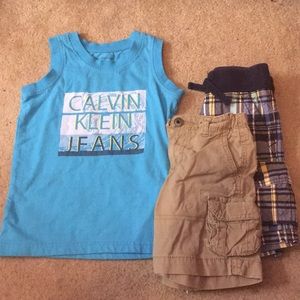 Calvin klein tank, plaid and tan cargo shorts